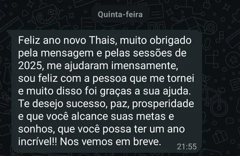 Print de conversa no WhatsApp: paciente agradecendo pelas sessões de 2025